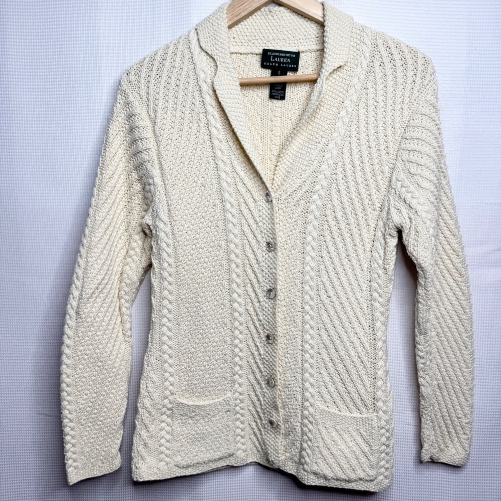 Vintage Lauren Ralph Lauren Hand Knit Cotton Cable Cardigan Fisherman Small